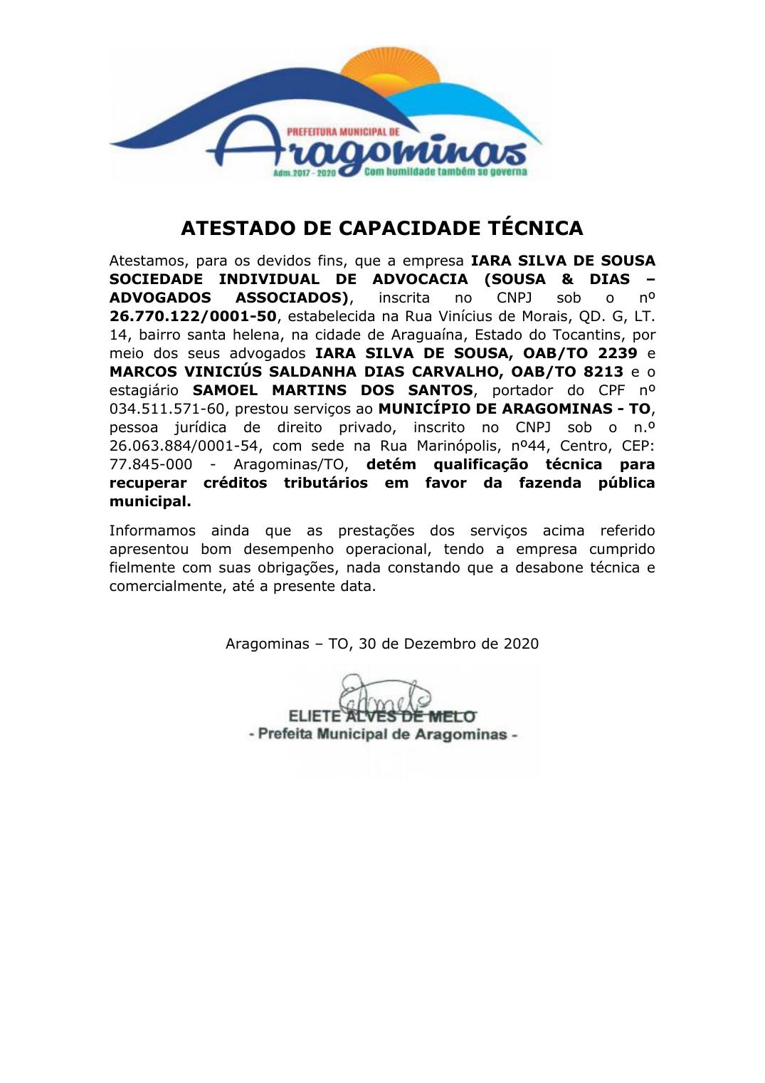 Atestado de capacidade técnica emitido pela Prefeitura de Aragominas - TO