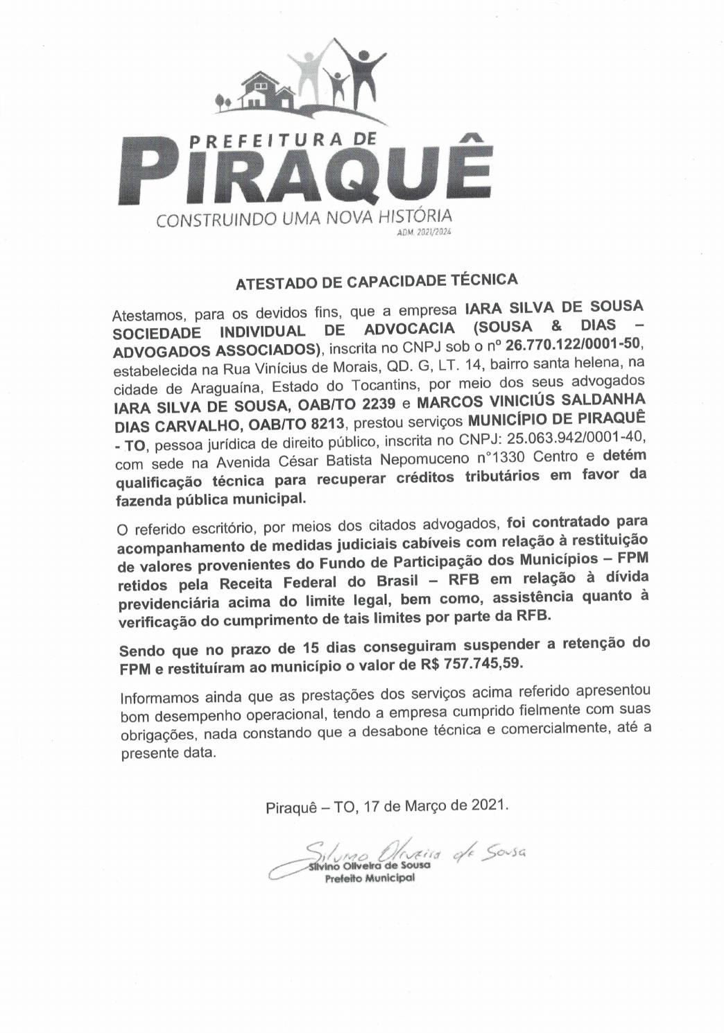 Atestado de capacidade técnica emitido pela Prefeitura de Piraquê - TO