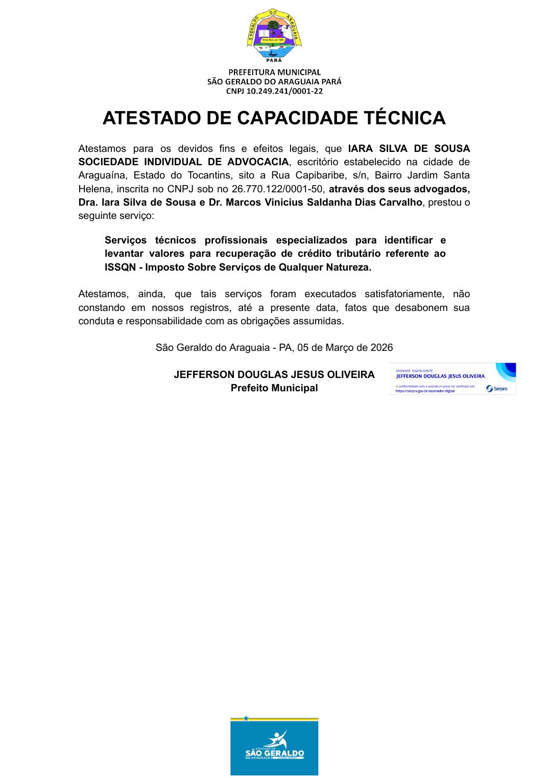 Atestado de capacidade técnica emitido pela Prefeitura de São Geraldo do Araguaia - PA