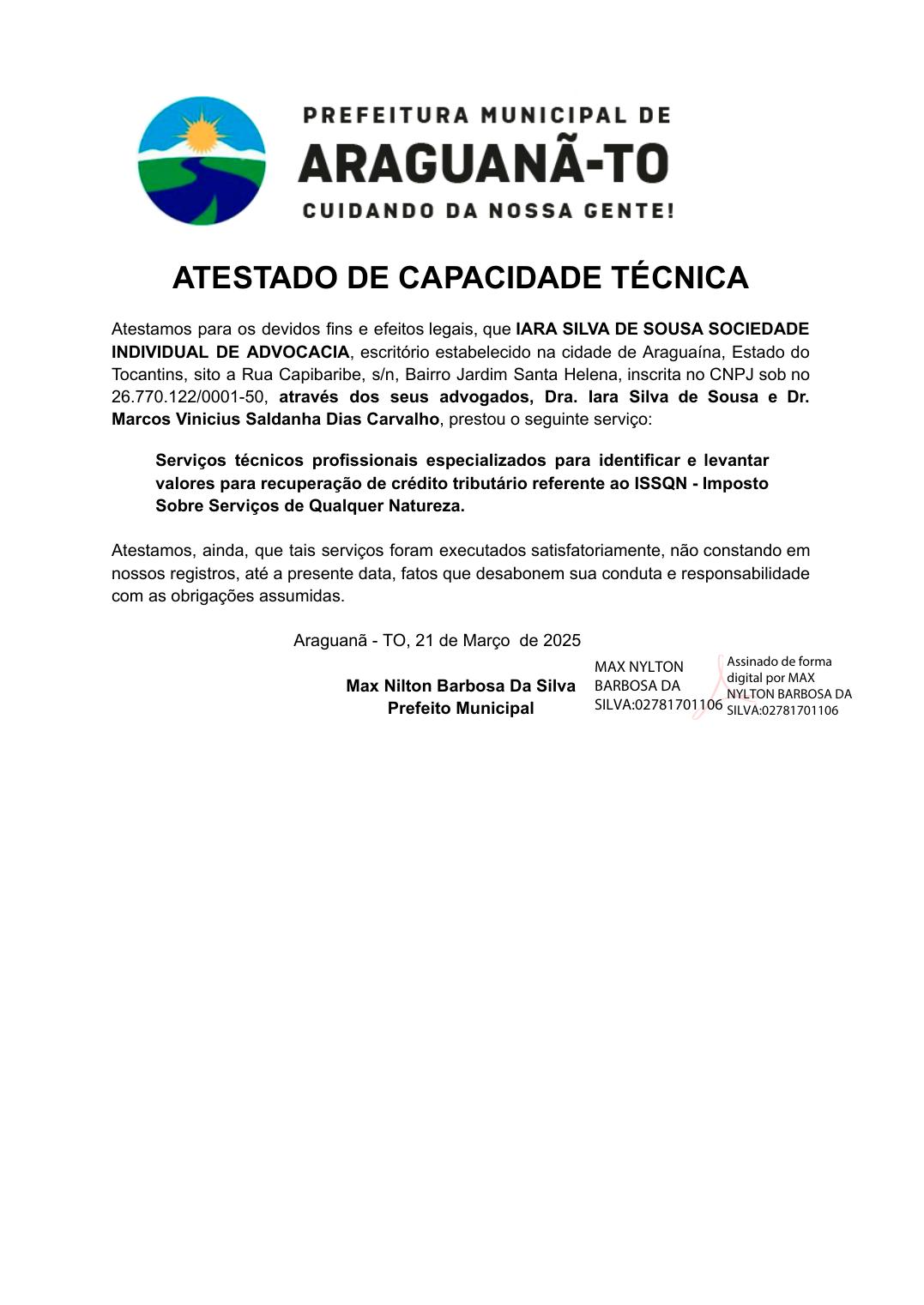 Atestado de capacidade técnica emitido pela Prefeitura de Araguanã - TO