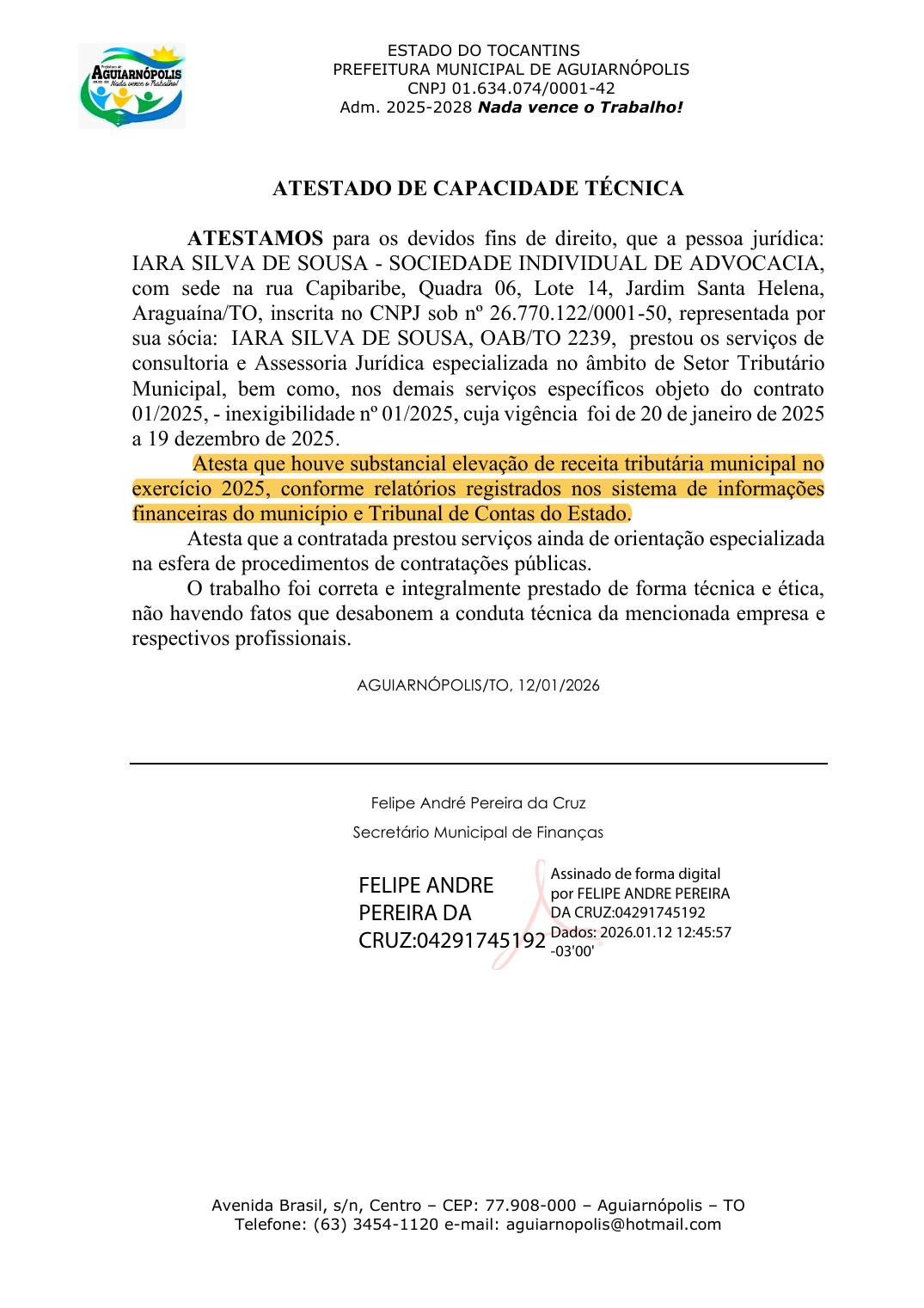 Atestado de capacidade técnica emitido pela Prefeitura de Aguiarnópolis - TO