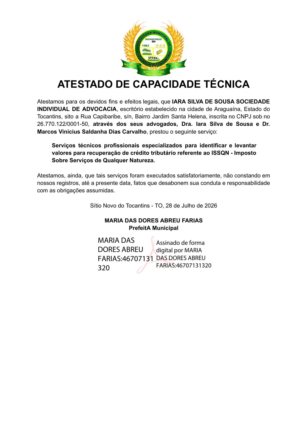 Atestado de capacidade técnica emitido pela Prefeitura de Sítio Novo do Tocantins - TO