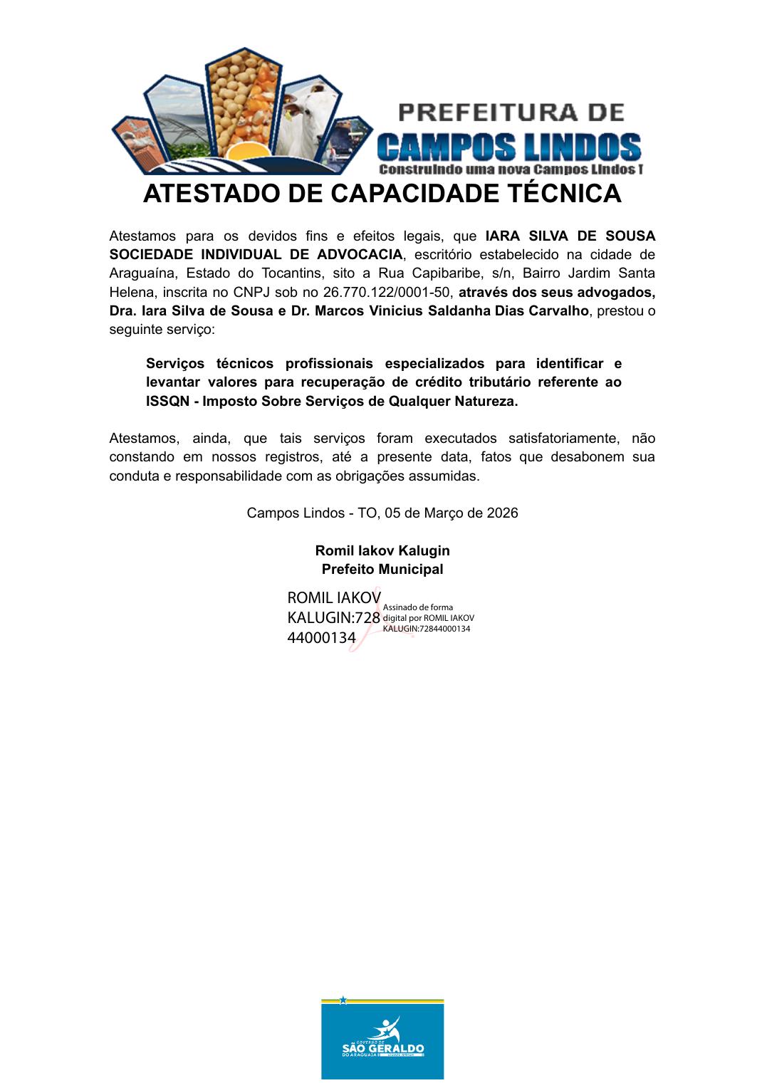 Atestado de capacidade técnica emitido pela Prefeitura de Campos Lindos - TO
