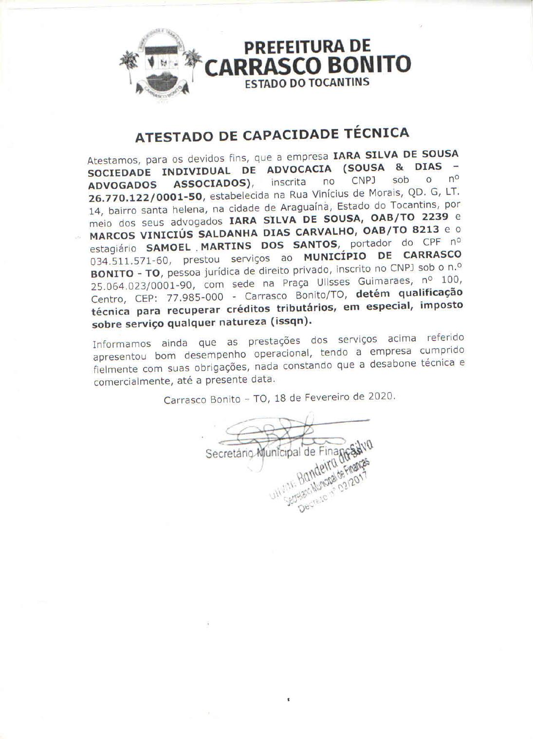 Atestado de capacidade técnica emitido pela Prefeitura de Carrasco Bonito - TO