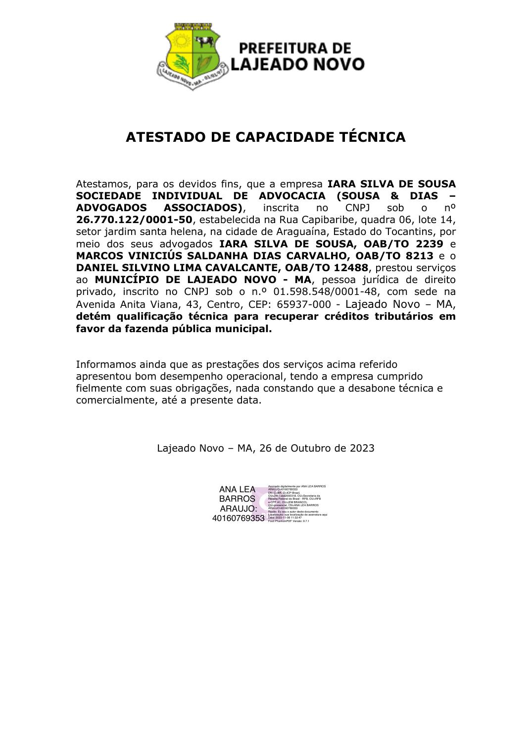 Atestado de capacidade técnica emitido pela Prefeitura de Lajeado Novo - MA