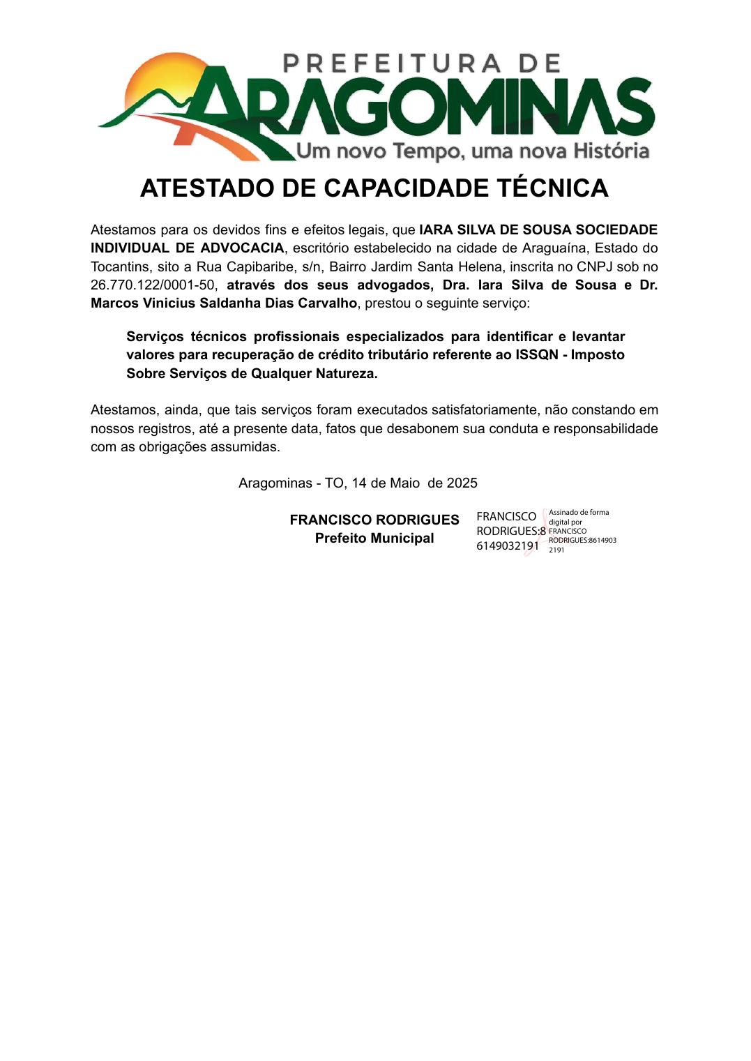 Atestado de capacidade técnica emitido pela Prefeitura de Aragominas - TO